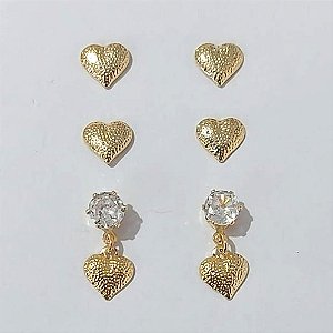 BRINCO FOLHEADO A OURO - BANHADO COM 5 MILÉSIMOS + VERNIZ DIAMOND - TRIO DE BRINCOS PINO DE ZIRCÔNIA E CORAÇÃO 5MM - (OURO115)- OUBR000160