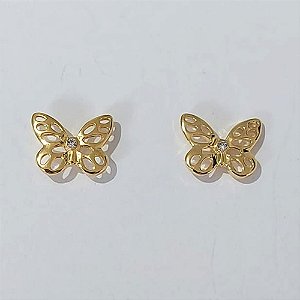 BRINCO FOLHEADO A OURO - BANHADO COM 5 MILÉSIMOS + VERNIZ DIAMOND - BRINCO DE PINO BORBOLETA VAZADA 12MM - (OURO116)- OUBR000161