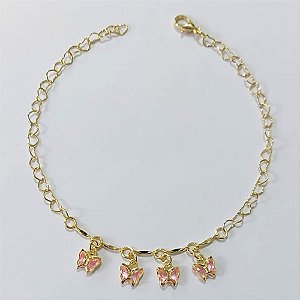 PULSEIRA FOLHEADA A OURO - BANHADO COM 3 MILÉSIMOS + VERNIZ DIAMOND - PULSEIRA 20CM COM BORBOLETAS ROSAS OUPS000037