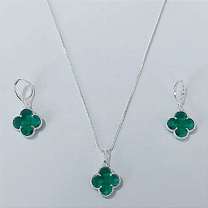 CONJUNTO FOLHEADO A PRATA COM 50 MILÉSIMOS + VERNIZ DIAMOND CORRENTE 45CM PINGENTE E BRINCOS ARGOLA DE PRESSÃO TREVO VERDE VIDRO 10MM PRCJ000122