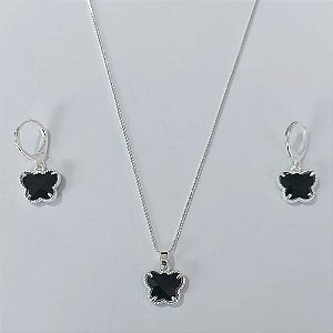 CONJUNTO FOLHEADO A PRATA COM 50 MILÉSIMOS + VERNIZ DIAMOND CORRENTE 45CM PINGENTE E BRINCOS ARGOLA DE PRESSÃO BORBOLETA PRETA VIDRO 11MM PRCJ000123