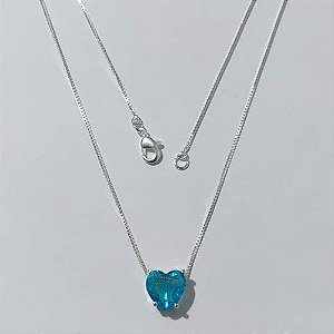 GARGANTILHA FOLHEADA A PRATA COM 50 MILÉSIMOS + VERNIZ DIAMOND - CORRENTE VENEZIANA 45CM PINGENTE CORAÇÃO EM ZIRCÔNIA AZUL 10MM PRGG001347