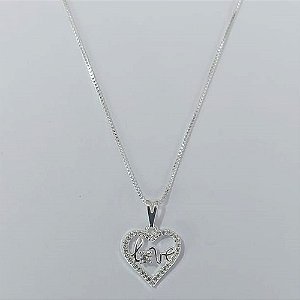 GARGANTILHA FOLHEADA A PRATA COM 50 MILÉSIMOS + VERNIZ DIAMOND CORRENTE VENEZIANA 42CM CORAÇÃO LOVE  14MM PRGG001349