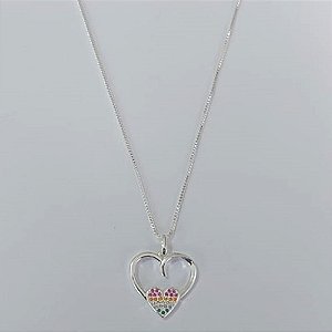 GARGANTILHA FOLHEADA A PRATA COM 50 MILÉSIMOS + VERNIZ DIAMOND CORRENTE VENEZIANA 42CM CORAÇÃO DUPLO COM ZIRCÔNIAS COLORIDAS 18MM PRGG001352