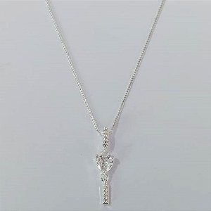 GARGANTILHA FOLHEADA A PRATA COM 50 MILÉSIMOS + VERNIZ DIAMOND CORRENTE VENEZIANA 42CM ZIRCÔNIA FORMATO CORAÇÃO  7MM PRGG001354
