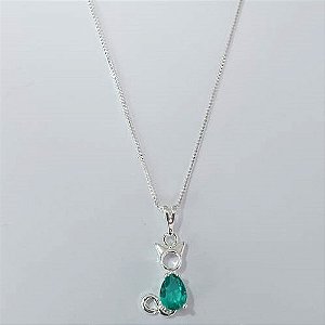 GARGANTILHA FOLHEADA A PRATA COM 50 MILÉSIMOS + VERNIZ DIAMOND CORRENTE VENEZIANA 42CM PINGENTE GATINHO COM ZIRCÔNIA VERDE 10MM PRGG001359