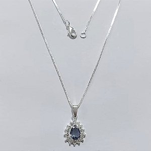 GARGANTILHA FOLHEADA A PRATA COM 50 MILÉSIMOS + VERNIZ DIAMOND CORRENTE VENEZIANA 42CM PINGENTE FORMATO GOTA COM MICRO ZIRCÔNIAS E ZIRCÔNIA LILÁS 12MM PRGG001362