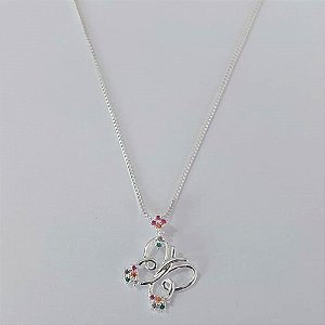 GARGANTILHA FOLHEADA A PRATA COM 50 MILÉSIMOS + VERNIZ DIAMOND CORRENTE VENEZIANA 42CM PINGENTE BORBOLETA COM MICRO ZIRCÔNIAS COLORIDAS 16MM PRGG001363
