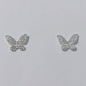BRINCO FOLHEADO A PRATA COM 50 MILÉSIMOS + VERNIZ DIAMOND BRINCO DE PINO BORBOLETAS COM MICRO ZIRCÔNIAS 13MM PRBR001084
