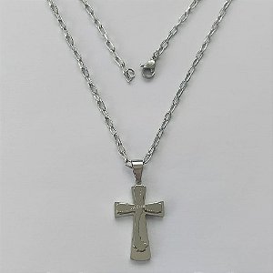 GARGANTILHA EM AÇO INOXIDÁVEL - (AÇO013) GARGANTILHA COM PINGENTE CRUCIFIXO EM ALTO RELEVO COM PALAVRA JESUS 19X31MM - COMPRIMENTO: 50CM - FECHO LAGOSTA - (AÇO1289) ACGG000207
