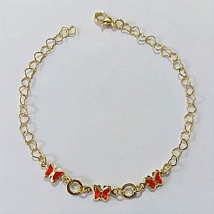 PULSEIRA FOLHEADA A OURO - BANHADO COM 3 MILÉSIMOS + VERNIZ DIAMOND - PULSEIRA 18CM COM BORBOLETAS VERMELHAS OUPS000038