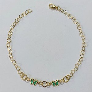 PULSEIRA FOLHEADA A OURO - BANHADO COM 3 MILÉSIMOS + VERNIZ DIAMOND - PULSEIRA 20CM COM BORBOLETAS DE CRISTAIS VERDES OUPS000041