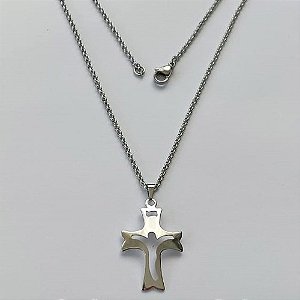 GARGANTILHA EM AÇO INOXIDÁVEL - (BCOL032) CORRENTE ELO PORTUGÛES 50CM COM PINGENTE CRUCIFIXO CURVO VAZADO 21X33MM - FECHO LAGOSTA (AÇO1305) - ACGG000210