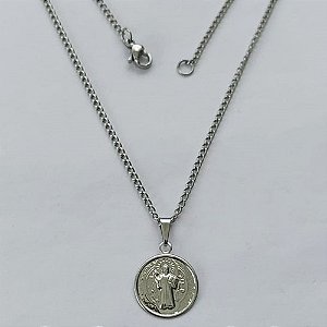GARGANTILHA EM AÇO INOXIDÁVEL - (AÇO01) CORRENTE 50CM COM PINGENTE MEDALHA SÃO BENTO 14MM - FECHO LAGOSTA (AÇO1300) - ACGG000211