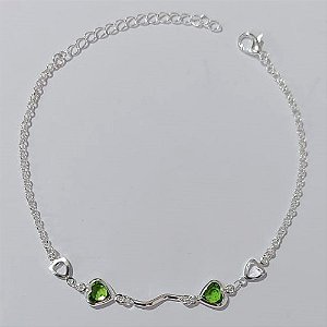 PULSEIRA FOLHEADA A PRATA COM 50 MILÉSIMOS + VERNIZ DIAMOND - PULSEIRA COM CORAÇÕES VERDES - TAMANHO: 18CM + EXTENSOR - FECHO LAGOSTA PRPS001026