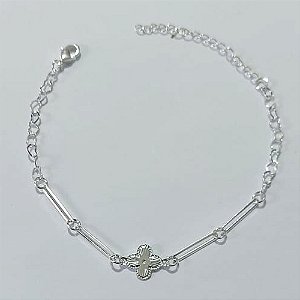 PULSEIRA FOLHEADA A PRATA COM 50 MILÉSIMOS + VERNIZ DIAMOND - PULSEIRA CORRENTE CORAÇÃO COM TREVO - TAMANHO: 16CM + EXTENSOR - FECHO LAGOSTA PRPS001030