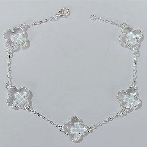 PULSEIRA FOLHEADA A PRATA COM 50 MILÉSIMOS + VERNIZ DIAMOND - PULSEIRA COM TREVOS CRISTAIS EM VIDROS 15MM - TAMANHO: 22CM - FECHO LAGOSTA PRPS001034