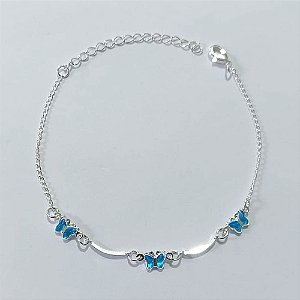 PULSEIRA FOLHEADA A PRATA COM 50 MILÉSIMOS + VERNIZ DIAMOND - PULSEIRA COM BORBOLETAS AZUÍS - TAMANHO: 18CM - EXTENSOR PRPS001038