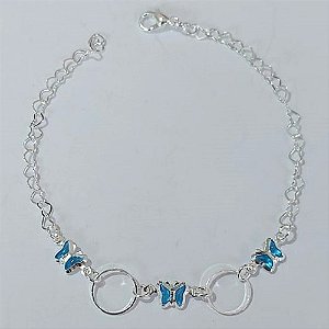 PULSEIRA FOLHEADA A PRATA COM 50 MILÉSIMOS + VERNIZ DIAMOND - PULSEIRA COM BORBOLETAS AZUÍS- TAMANHO: 18CM - FECHO LAGOSTA PRPS001039