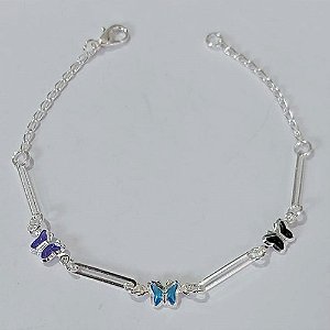 PULSEIRA FOLHEADA A PRATA COM 50 MILÉSIMOS + VERNIZ DIAMOND - PULSEIRA COM BORBOLETAS COLORIDAS - TAMANHO: 17CM - FECHO LAGOSTA PRPS001040