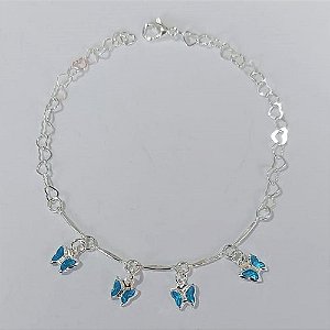 PULSEIRA FOLHEADA A PRATA COM 50 MILÉSIMOS + VERNIZ DIAMOND - PULSEIRA COM BORBOLETAS AZUÍS - TAMANHO: 18CM - FECHO LAGOSTA PRPS001041