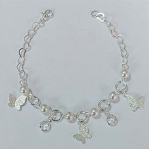 PULSEIRA FOLHEADA A PRATA COM 50 MILÉSIMOS + VERNIZ DIAMOND - PULSEIRA COM BORBOLETAS BRILHANTES E PEDRAS CRISTAIS - TAMANHO: 17CM - FECHO LAGOSTA PRPS001044