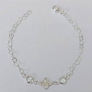 PULSEIRA FOLHEADA A PRATA COM 50 MILÉSIMOS + VERNIZ DIAMOND - PULSEIRA TREVO COM PEDRAS CRISTAIS - TAMANHO: 17CM - FECHO LAGOSTA PRPS001045
