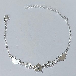 PULSEIRA FOLHEADA A PRATA COM 50 MILÉSIMOS + VERNIZ DIAMOND - PULSEIRA COM ESTRELAS E LUA E PEDRA CRISTAL- TAMANHO: 16CM + EXTENSOR - FECHO LAGOSTA PRPS001051