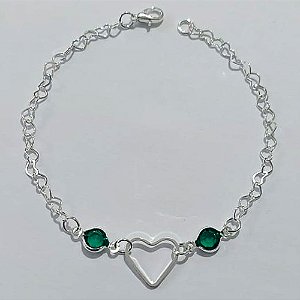 PULSEIRA FOLHEADA A PRATA COM 50 MILÉSIMOS + VERNIZ DIAMOND - PULSEIRA COM PEDRAS CRISTAIS VERDE E CORAÇÃO VAZADO- TAMANHO: 18CM - FECHO LAGOSTA PRPS001052