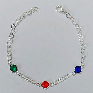 PULSEIRA FOLHEADA A PRATA COM 50 MILÉSIMOS + VERNIZ DIAMOND - PULSEIRA COM PEDRAS CRISTAIS COLORIDAS - TAMANHO: 17CM - FECHO LAGOSTA PRPS001053