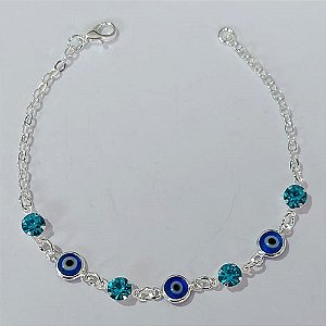PULSEIRA FOLHEADA A PRATA COM 50 MILÉSIMOS + VERNIZ DIAMOND - PULSEIRA COM OLHOS GREGOS COM STRASS AZUÍS - TAMANHO: 17CM - FECHO LAGOSTA PRPS001057