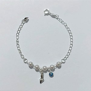 PULSEIRA FOLHEADA A PRATA COM 50 MILÉSIMOS + VERNIZ DIAMOND - PULSEIRA COM PÉROLAS OLHOS GREGOS E FIGA A- TAMANHO: 14CM - FECHO LAGOSTA PRPS001061