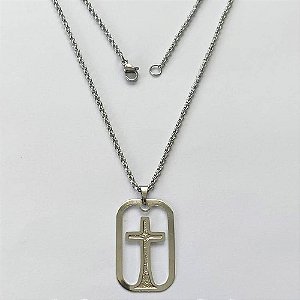 GARGANTILHA EM AÇO INOXIDÁVEL (BCOL033) CORRENTE ELO PORTUGUÊS 50CM (E1322) COM PINGENTE RETANGULAR CRUCIFIXO VAZADO 18X29MM - FECHO LAGOSTA - (AÇO1368) ACGG000225