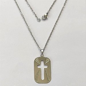 GARGANTILHA EM AÇO INOXIDÁVEL -(ACO07) CORRENTE ELO PORTUGUÊS 50CM (E1323) COM PINGENTE RETANGULAR CRUCIFIXO VAZADO 19X30MM - FECHO LAGOSTA - (AÇO1369) ACGG000226