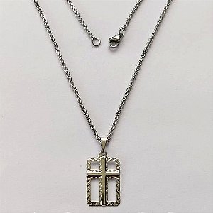 GARGANTILHA EM AÇO INOXIDÁVEL- (BCOL033) CORRENTE ELO PORTUGUÊS 50CM (E1287) COM PINGENTE RETANGULAR CRUCIFIXO VAZADO 14X20MM - FECHO LAGOSTA - (AÇO1370) ACGG000227