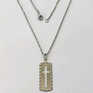 GARGANTILHA EM AÇO INOXIDÁVEL- CORRENTE (07) 50CM (E1262) COM PINGENTE RETANGULAR CRUCIFIXO 9X31MM - FECHO LAGOSTA - (AÇO1373) ACGG000229