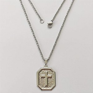 GARGANTILHA EM AÇO INOXIDÁVEL - (BCOL033) CORRENTE ELO PORTUGUÊS 50CM (E1263) COM PINGENTE RETANGULAR CRUCIFIXO 18X25MM - FECHO LAGOSTA - (AÇO1372)ACGG000230