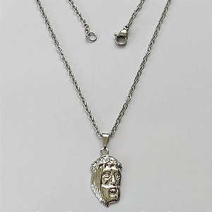 GARGANTILHA EM AÇO INOXIDÁVEL -CORRENTE (O7) 50CM  COM PINGENTE FACE DE CRISTO 7X18MM - FECHO LAGOSTA - (AÇO1374)ACGG000231