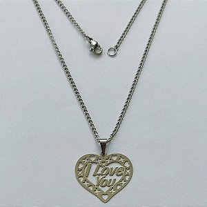 GARGANTILHA EM AÇO INOXIDÁVEL - GARGANTILHA COM PINGENTE CORAÇÃO VAZADO ESCRITO I LOVE YOU 24MM - TAMANHO: 45CM - COMPOSIÇÃO: AÇO INOXIDÁVEL - (AÇO1398)ACGG000256