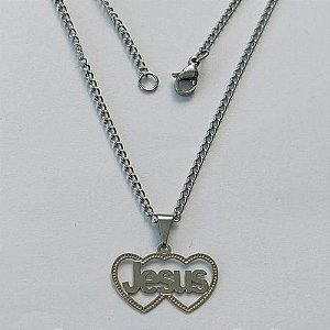 GARGANTILHA EM AÇO INOXIDÁVEL - GARGANTILHA COM PINGENTE CORAÇÃO VAZADO ESCRITO JESUS 20MM - TAMANHO: 45CM - COMPOSIÇÃO: AÇO INOXIDÁVEL - (AÇO1455)ACGG000272