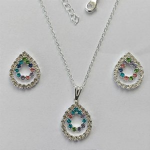 CONJUNTO FOLHEADO A PRATA COM 50 MILÉSIMOS  + VERNIZ DIAMOND CORRENTE CADEADO 45CM PINGENTE E BRINCOS FORMATO GOTA VAZADAS COM CRISTAIS COLORIDOS 15X21MM (PRA029) PRCJ000126