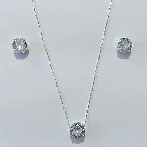 CONJUNTO FOLHEADO A PRATA COM 50 MILÉSIMOS + VERNIZ DIAMOND CORRENTE VENEZIANA 45CM PINGENTE E BRINCOS COM ZIRCÔNIAS CRISTAL 10MM PRCJ000128