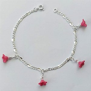 PULSEIRA FOLHEADO A PRATA COM 50 MILÉSIMOS + VERNIZ DIAMOND - PULSEIRA 19CM COM FLORES ROSA (PRA039) PRPS001070