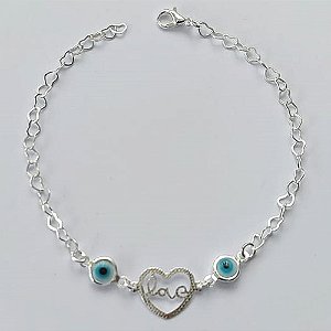 PULSEIRA FOLHEADO A PRATA COM 50 MILÉSIMOS + VERNIZ DIAMOND - PULSEIRA 20CM COM OLHOS GREGOS E CORAÇÃO LOVE (PRA059) PRPS001081
