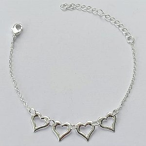 PULSEIRA FOLHEADO A PRATA COM 50 MILÉSIMOS + VERNIZ DIAMOND - PULSEIRA 14CM COM CORAÇÕES(PRA060) PRPS001082