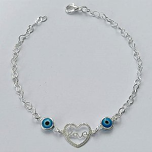 PULSEIRA FOLHEADO A PRATA COM 50 MILÉSIMOS + VERNIZ DIAMOND - PULSEIRA 20CM COM OLHOS GREGOS E CORAÇÃO LOVE (PRA061) PRPS001083