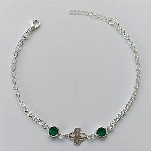 PULSEIRA FOLHEADA A PRATA COM 50 MILÉSIMOS + VERNIZ DIAMOND - PULSEIRA 18CM TREVO E PEDRAS CRISTAIS VERDE + EXTENSOR - FECHO LAGOSTA( PRA064)  PRPS001086