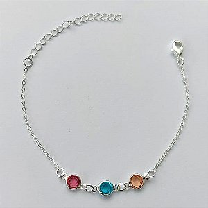 PULSEIRA FOLHEADA A PRATA COM 50 MILÉSIMOS + VERNIZ DIAMOND - PULSEIRA 16CM PEDRAS CRISTAIS COLORIDAS + EXTENSOR - FECHO LAGOSTA( PRA065)  PRPS001087