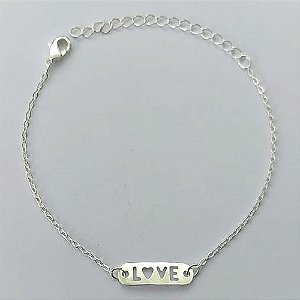 PULSEIRA FOLHEADA A PRATA COM 50 MILÉSIMOS + VERNIZ DIAMOND - PULSEIRA COM PLACA LOVE - TAMANHO: 15CM + EXTENSOR E FECHO LAGOSTA (PRA071)  PRPS001088