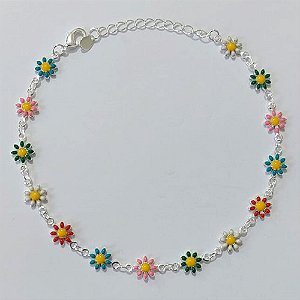 PULSEIRA FOLHEADA A PRATA COM 50 MILÉSIMOS + VERNIZ DIAMOND - PULSEIRA COM MARGARIDAS COLORIDAS- TAMANHO: 19CM + EXTENSOR E FECHO LAGOSTA PRPS001089